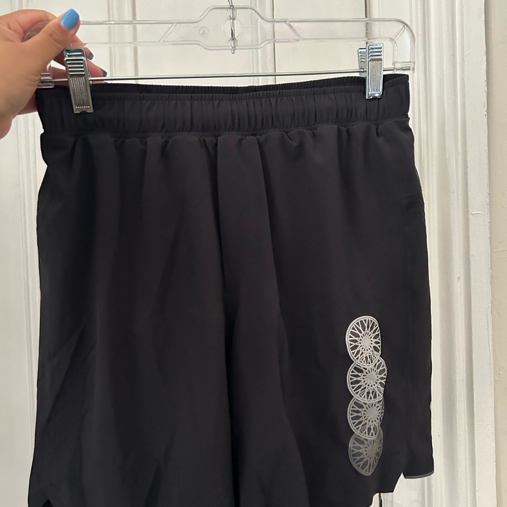 Lululemon x SoulCycle Black Shorts with Gray Bike Wheel Patterns